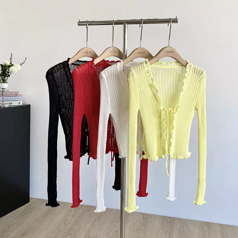 Summer New V-Neck Knitted Cardigan - Sun Protection, Lightweight, Slimming Fit with Ruffle Trim