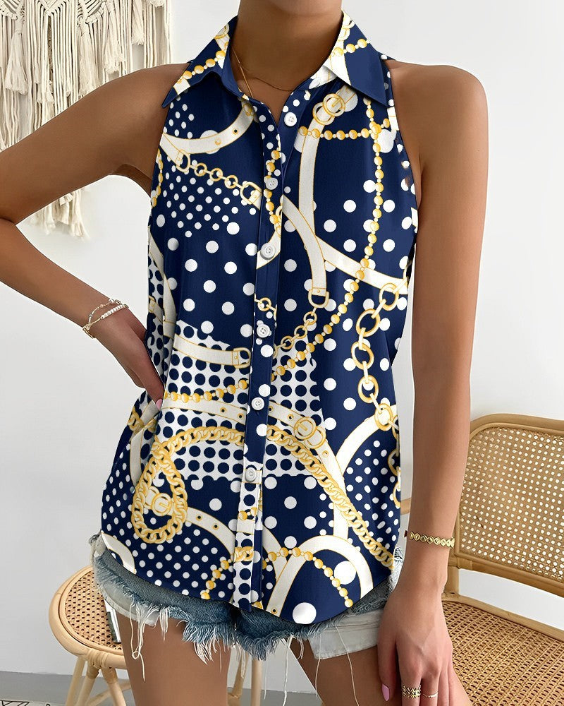 Women's Summer Casual Off-Shoulder Sleeveless Shirt - Fashion Abstract Print Top