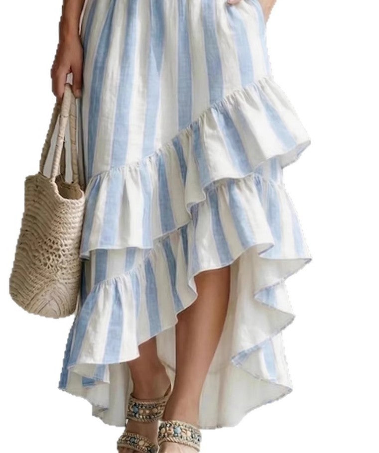 Women's Round-Neck Top and Striped Layered Skirt Two-Piece Set