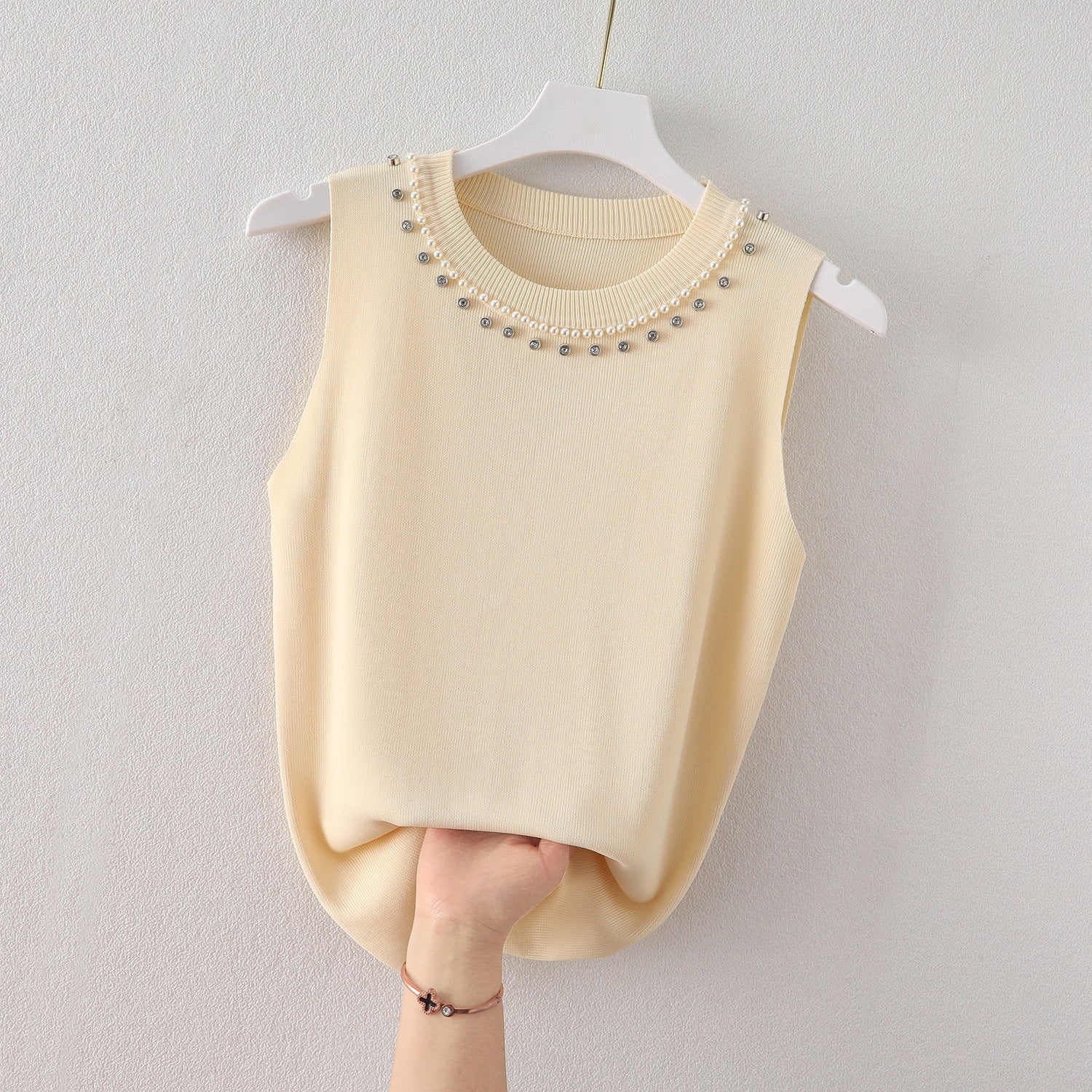Women's Knitted Sleeveless Vest - Summer Beaded Round Neck Top, Lightweight Inner Bottoming Shirt