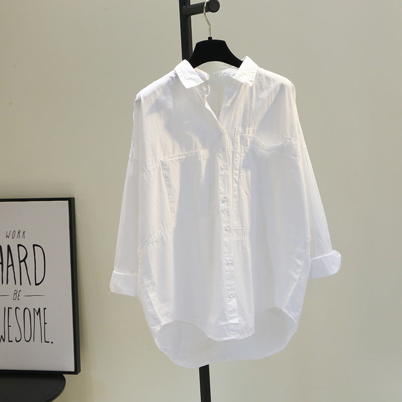 Women's White High-Low Shirt with Double Pockets - Effortless Edge Meets Everyday Chic