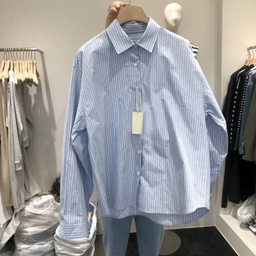 Women's Button-Down Striped Shirt - Long Sleeve, Loose Fit with Slim Silhouette