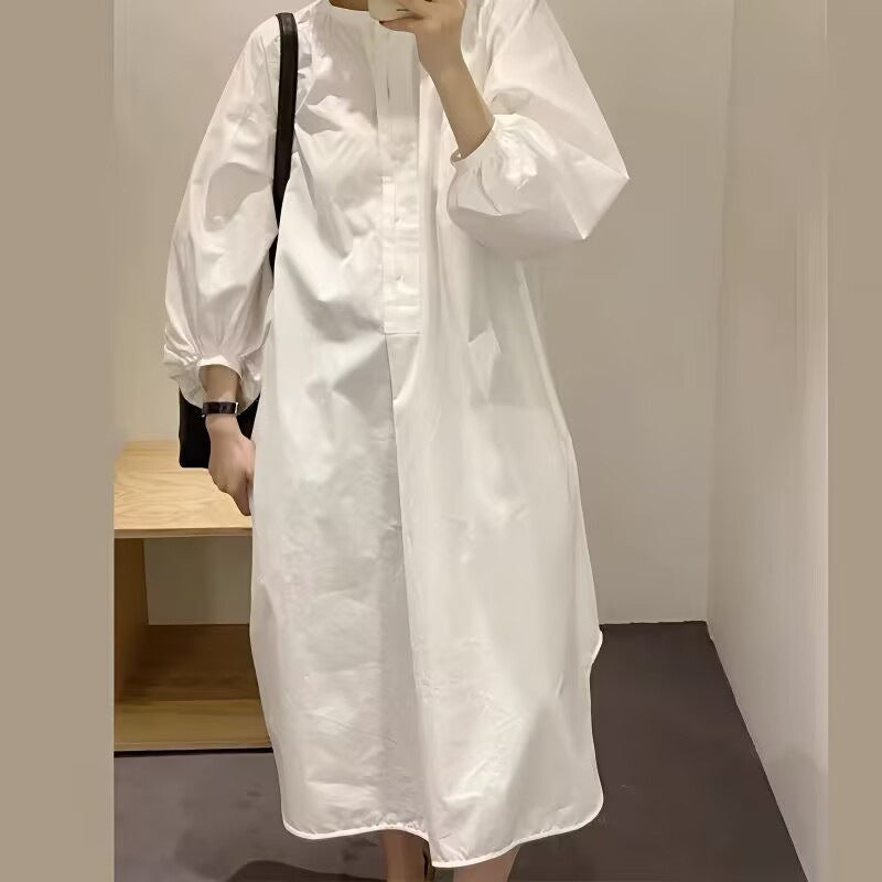 French Spring Puff Sleeve Shirt Dress - Casual Fit with Stand Collar Elegance