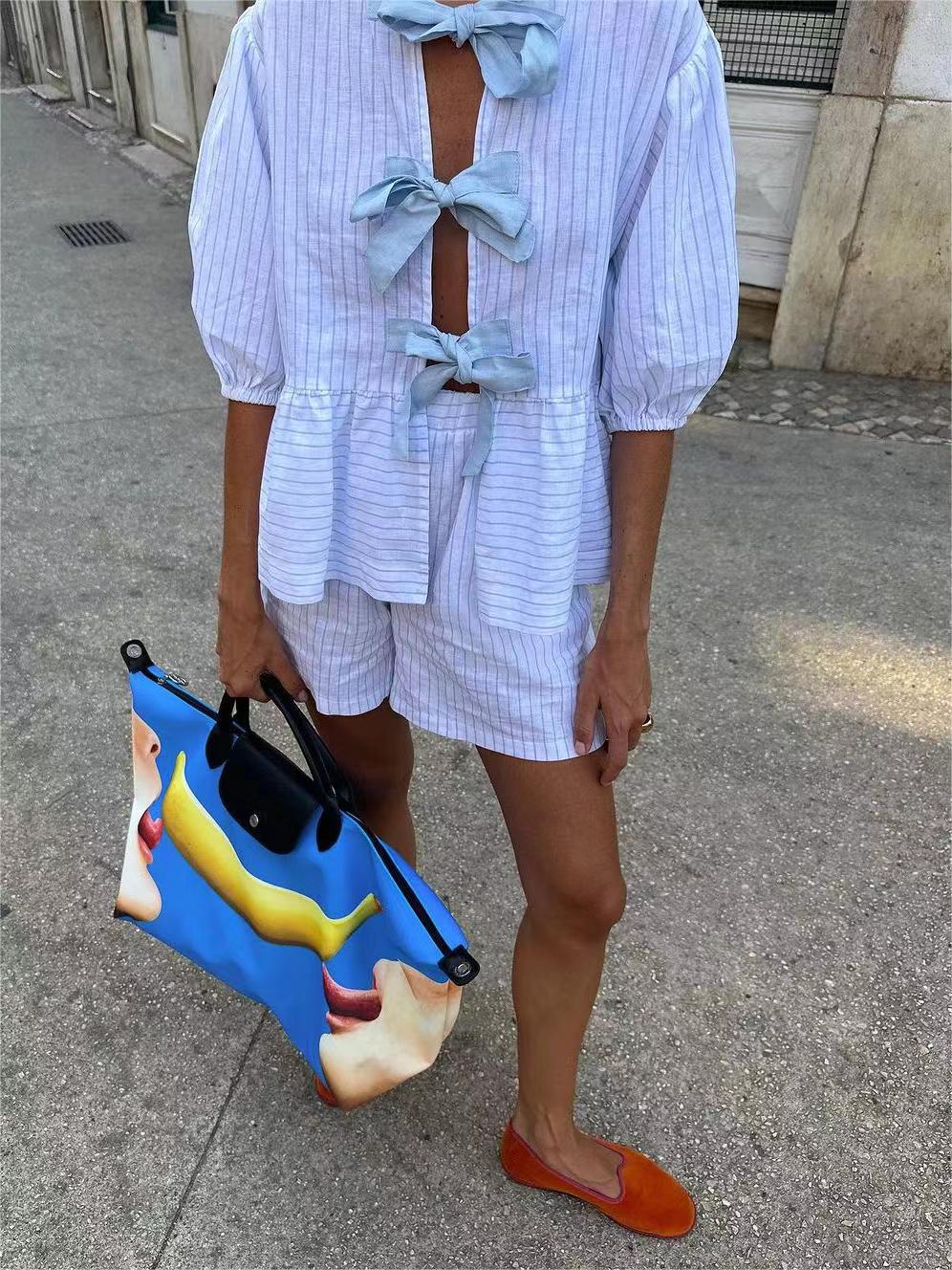 Striped Bow Shirt and Pleated Skirt Set