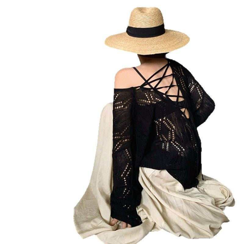 2025 Summer Women's Sunscreen Knitted Blouse - Lightweight Hollow Long-Sleeved Airy Top