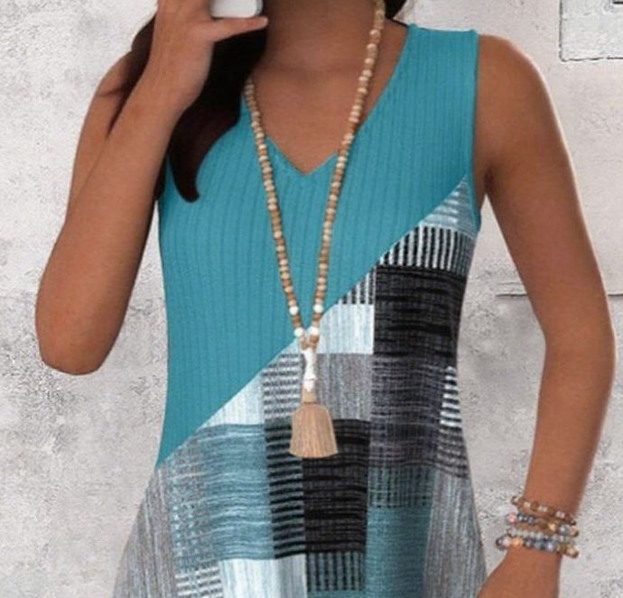 Women's Casual Color Block V-Neck Sleeveless Dress – Versatile Everyday Wear