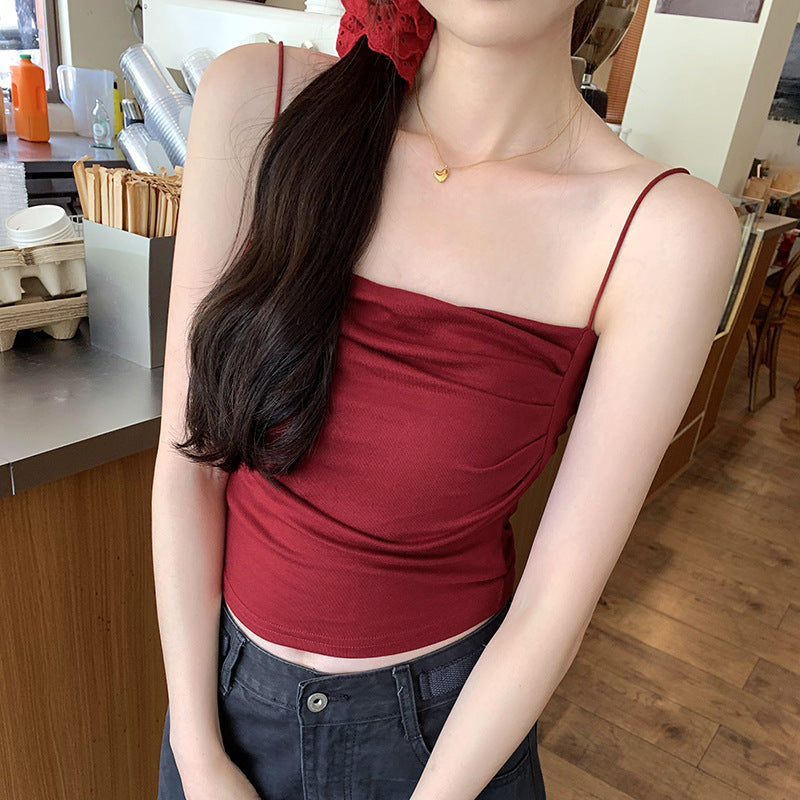 Women's Seaside Summer Sling Top with Chest Pad & Pleated Design - Unique Red