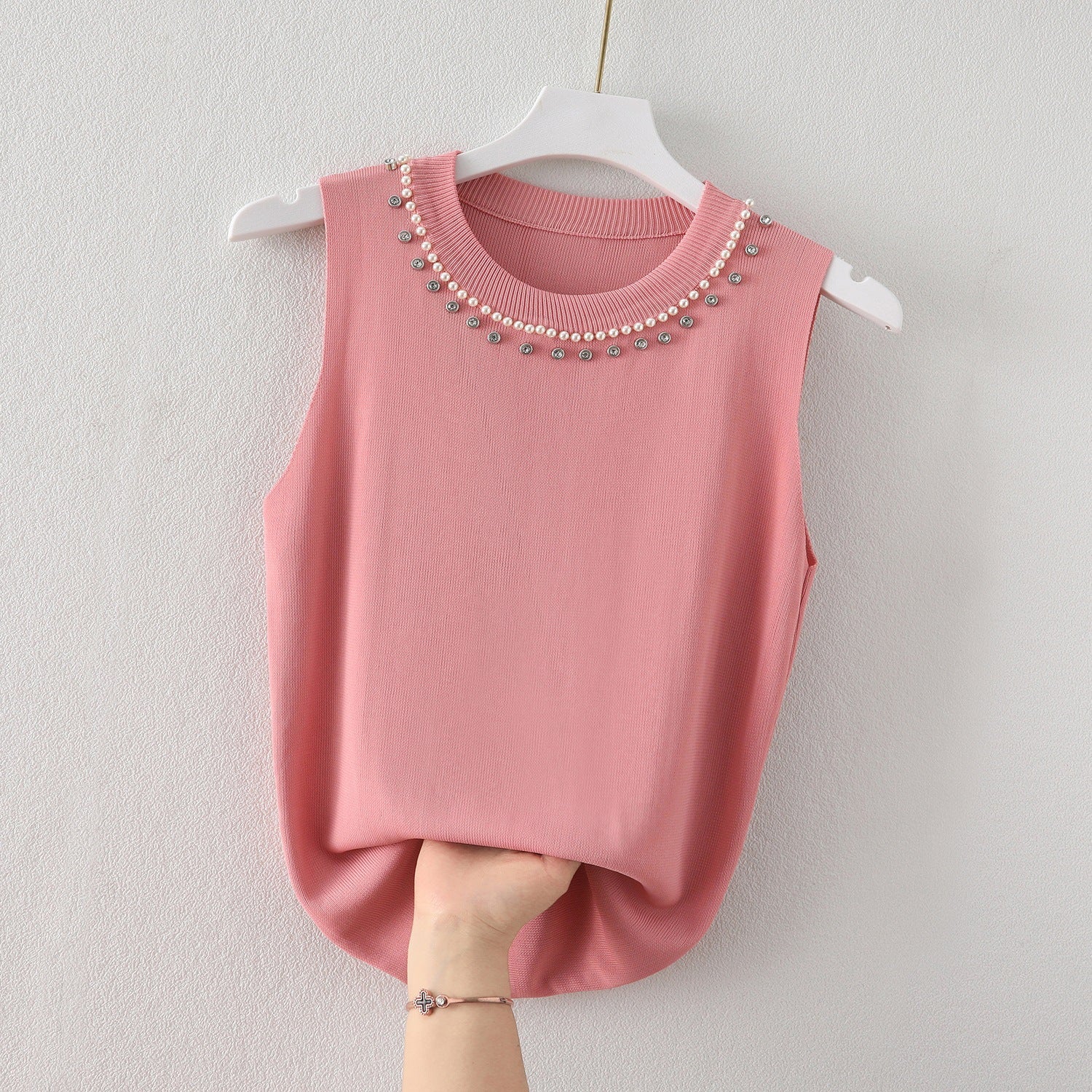 Women's Knitted Sleeveless Vest - Summer Beaded Round Neck Top, Lightweight Inner Bottoming Shirt