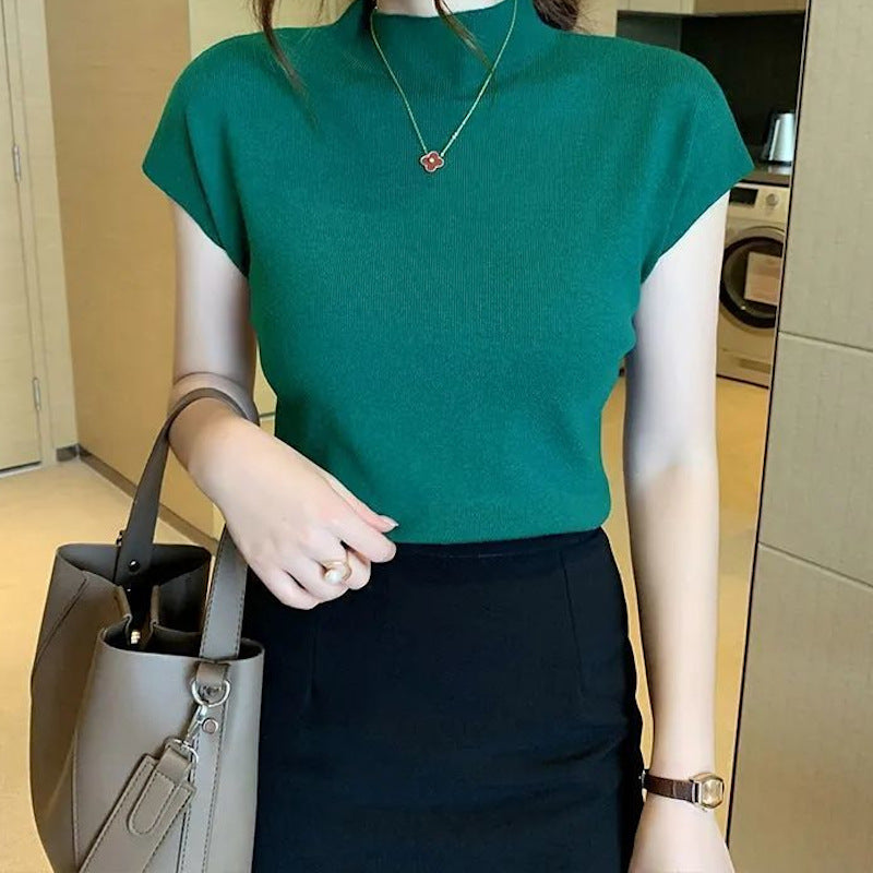 Knitted Sleeveless Half-High Collar Women's Short T-Shirt - 2025 Summer Trendy Top