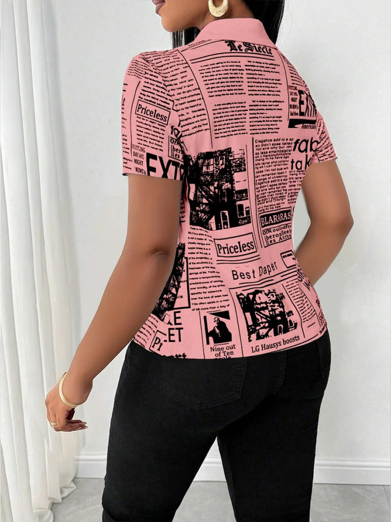 Women's Summer Fashion Newspaper Print V-Neck Shirt - Single-Breasted