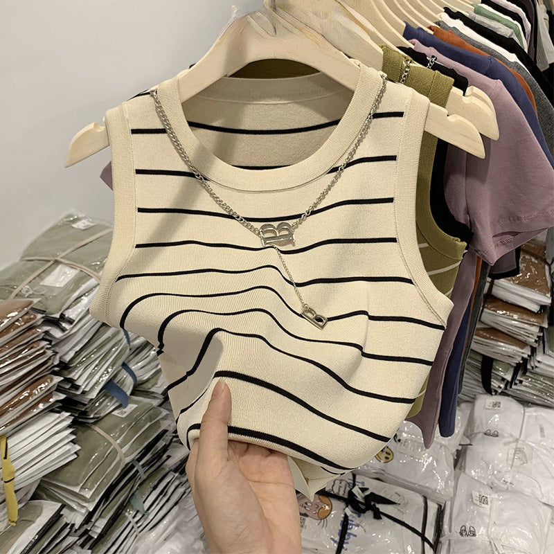 Women's Summer Striped Cropped Vest - Slim Fit High-Waist Sleeveless Top