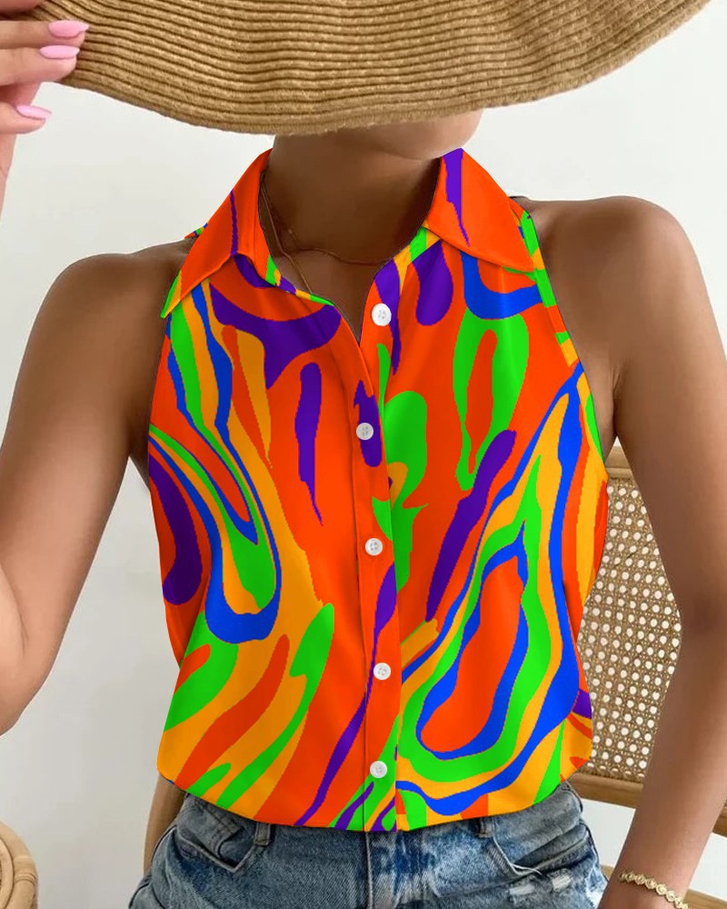 Women's Summer Casual Off-Shoulder Sleeveless Shirt - Fashion Abstract Print Top