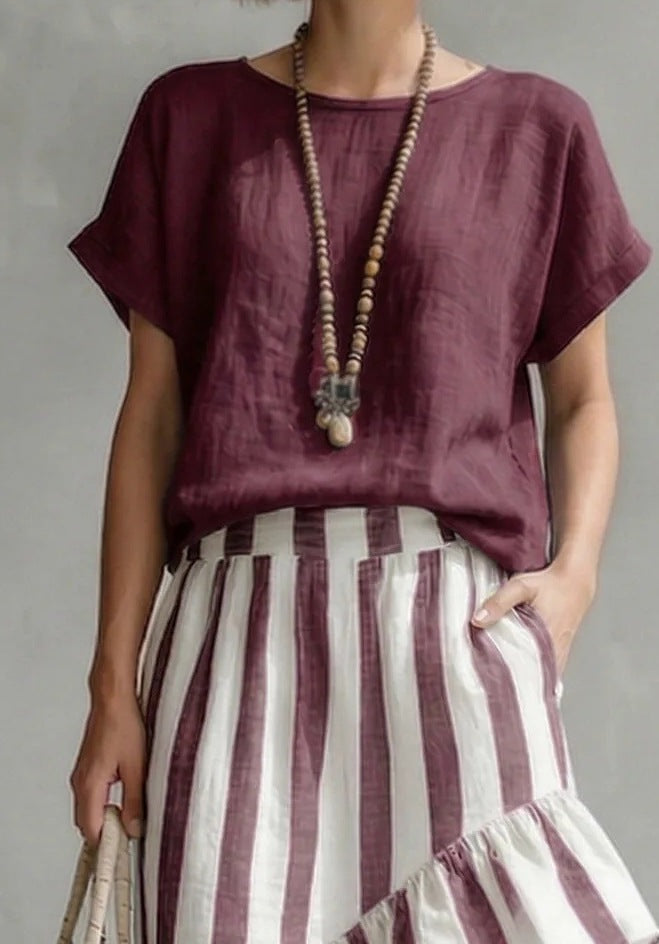 Women's Round-Neck Top and Striped Layered Skirt Two-Piece Set