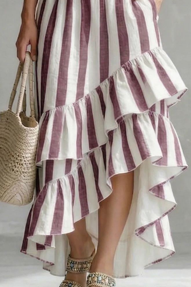 Women's Round-Neck Top and Striped Layered Skirt Two-Piece Set