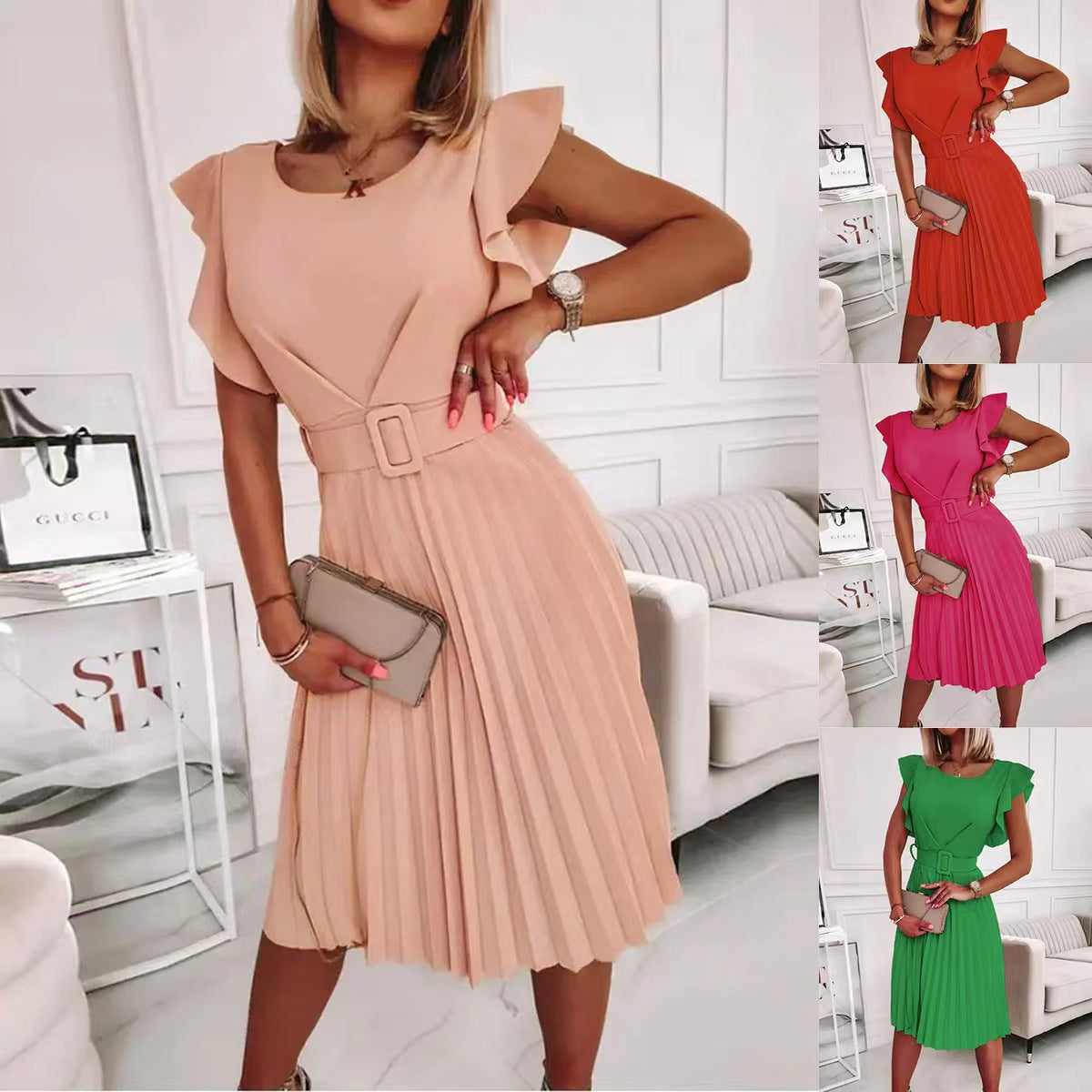 Women's Elegant Round Neck Pleated Ruffle Midi Dress with Belt – Short Sleeve Waist-Cinching Summer Dress