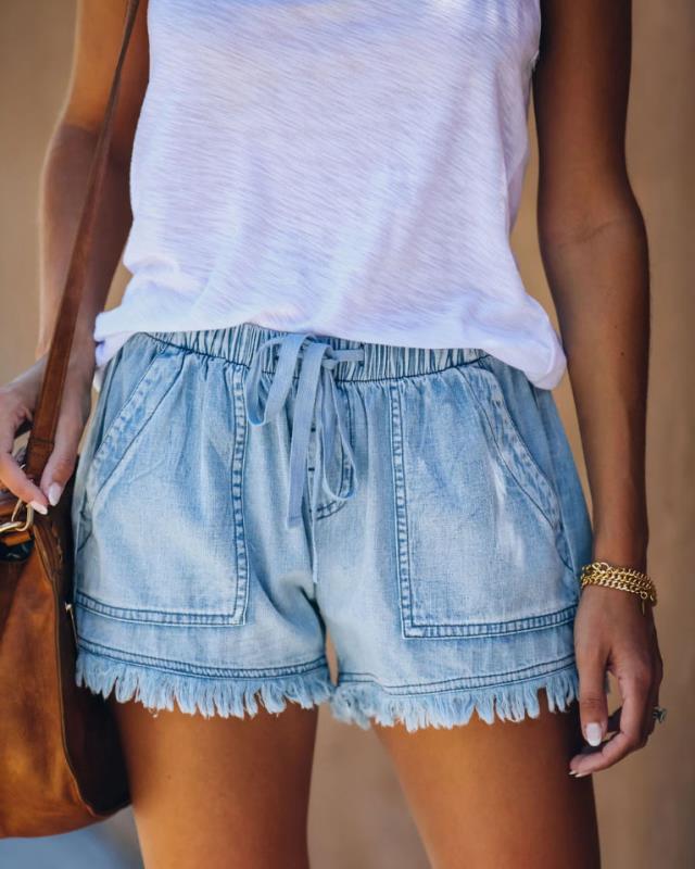 2025 Summer New Women's High Waist Slimming Denim Shorts - Casual Fit, Elastic Waist & Drawstring