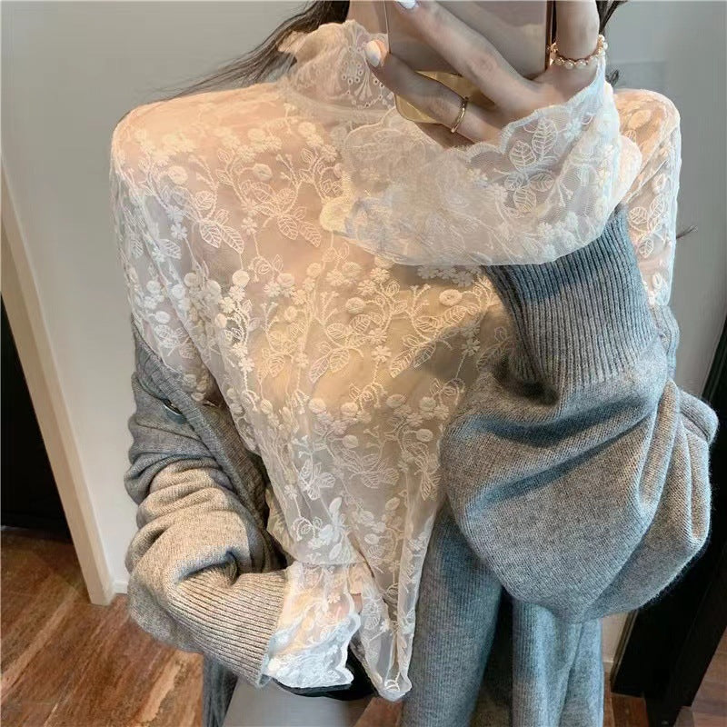 Fairy-Inspired Lace Mesh Bottoming Shirt - Elegant Spring & Autumn Edition