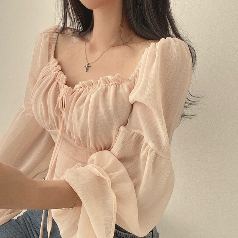 French-Style Ruffled Lace-Up Short Blouse - Square Neck & Trumpet Sleeve Spring Top for Women