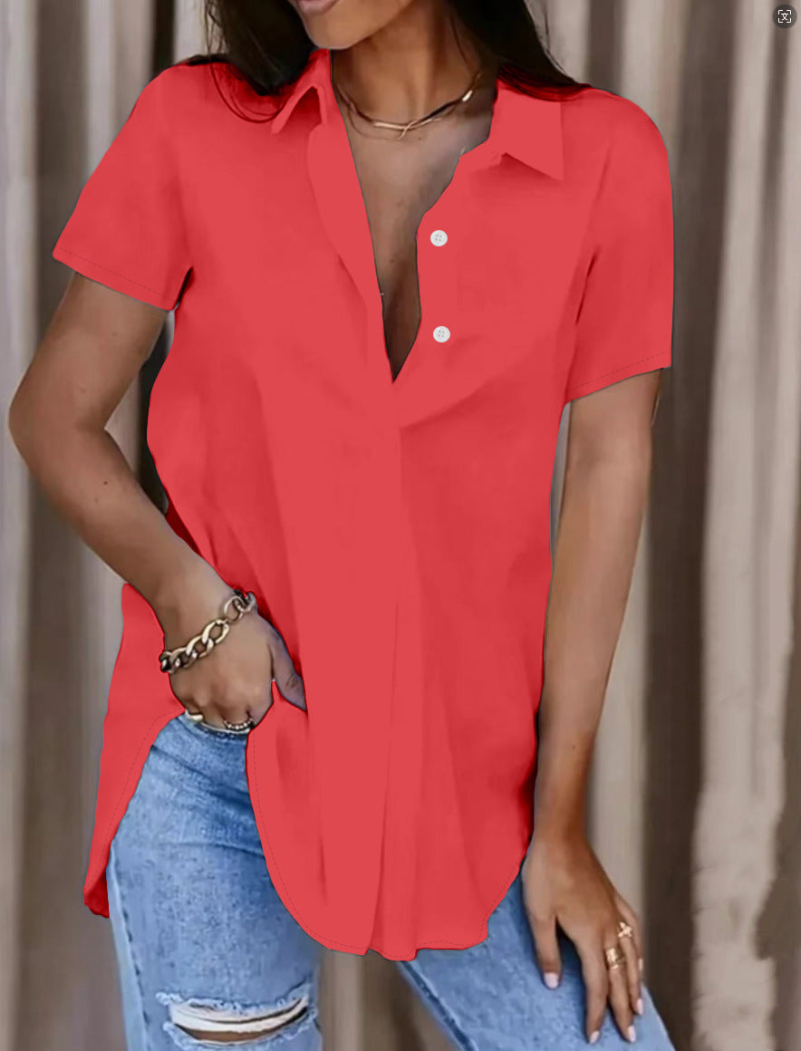 Women's Summer Solid Color V-Neck Button Shirt