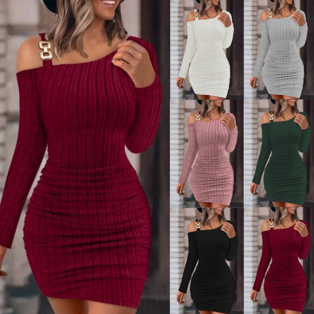 Autumn & Winter Solid Color Metal Buckle One-Shoulder Bodycon Dress – Long Sleeve Slim Fit Party Dress for Women