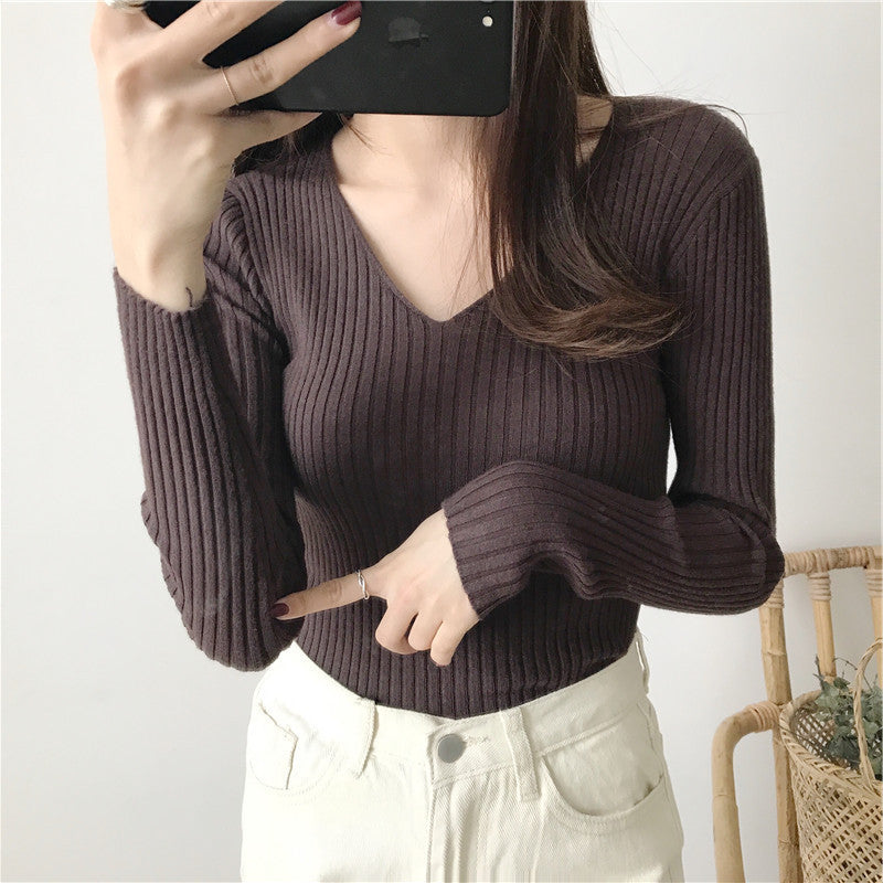 Women's Slim Fit V-Neck Retro Pullover - Long & Short Sleeve Knitted Sweater for Spring and Autumn