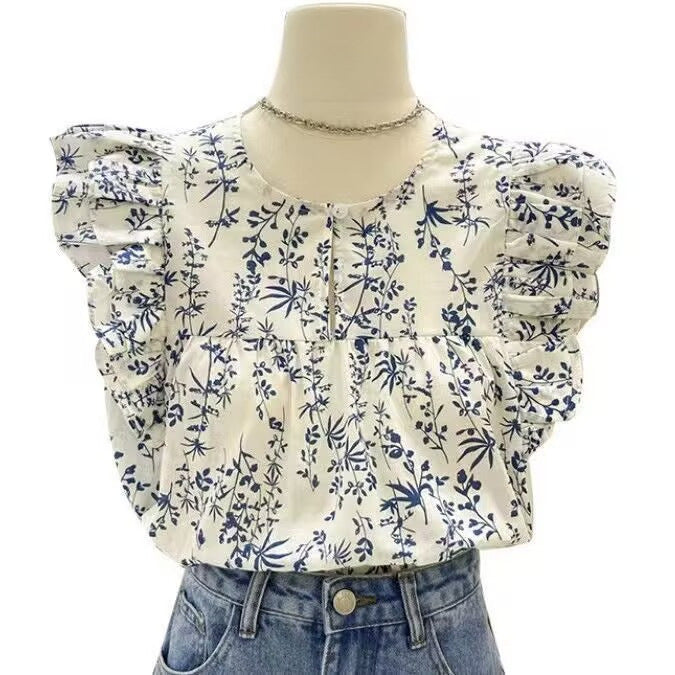 French floral short-sleeved shirt for women in summer with ruffled babydoll shirt, short-sleeved top