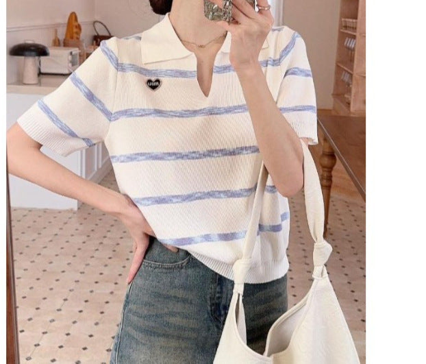 2025 Spring & Summer Women's Lapel Striped Slim Fit Long Sleeve Top - Commuter Chic Edition