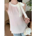 Strappy Bow Halter Neck Knitted Vest for Women - Sleeveless Summer Outerwear Top with Ruffled Edges, Niche Design