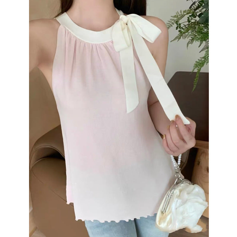 Strappy Bow Halter Neck Knitted Vest for Women - Sleeveless Summer Outerwear Top with Ruffled Edges, Niche Design