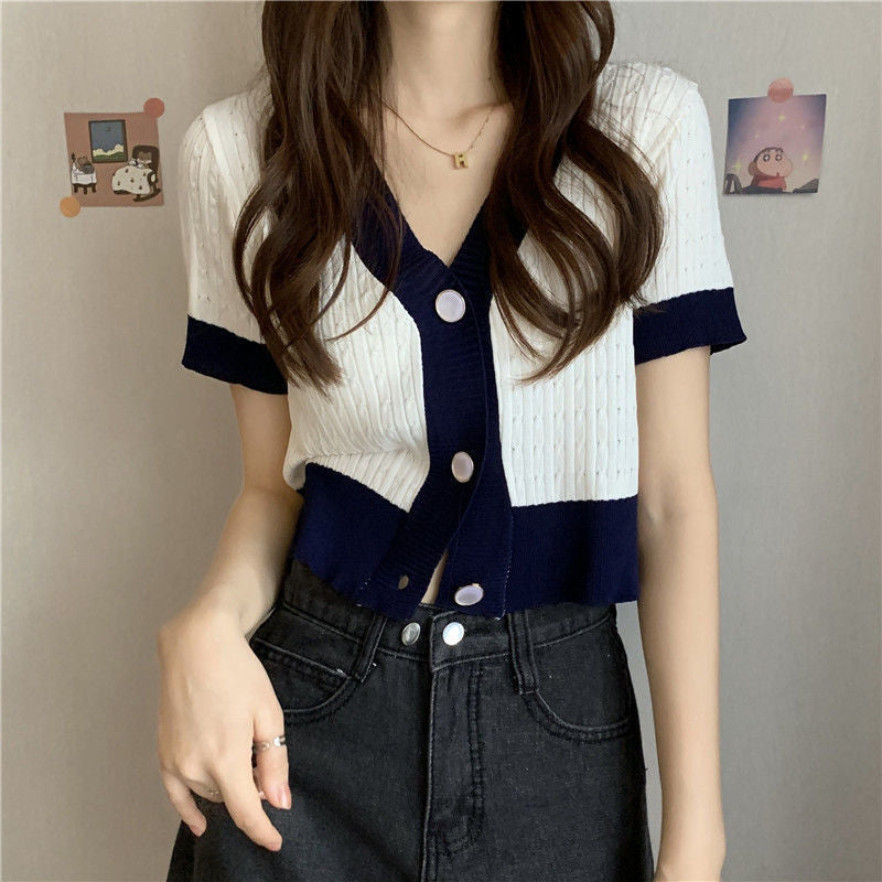 Chic Contrast V-Neck Knitted Cardigan - Short Sleeve Women's Top