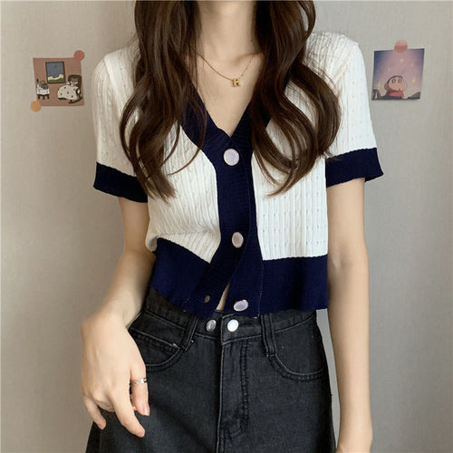 Chic Contrast V-Neck Knitted Cardigan - Short Sleeve Women's Top