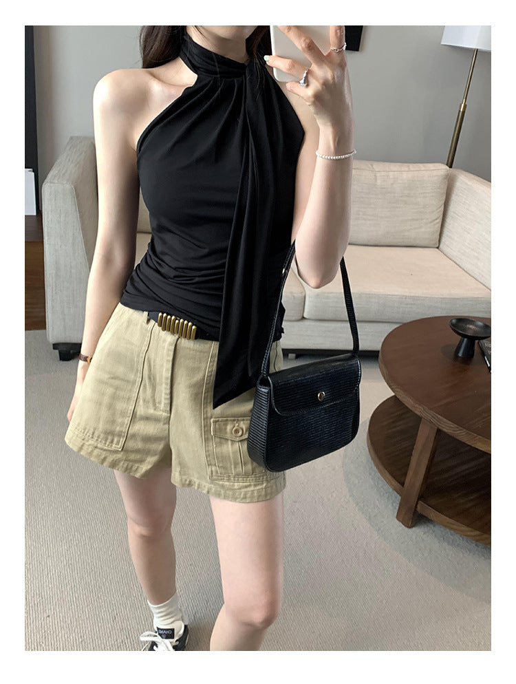Summer Off-Shoulder Elastic Sleeveless Halter Neck Lace-Up Top - Slim Fit Feminine T-Shirt