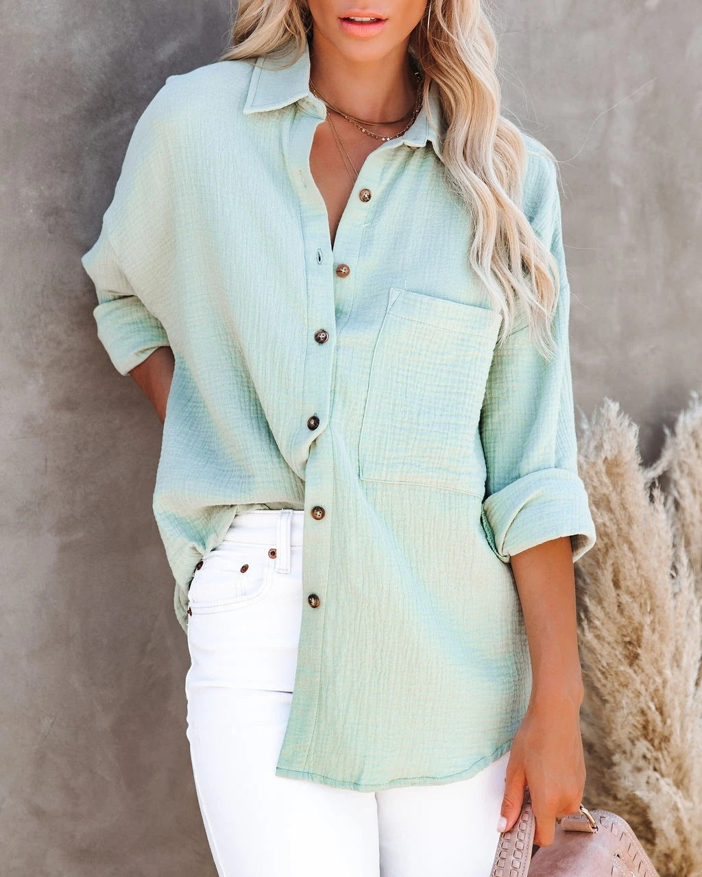 Women's Autumn V-Neck Cotton & Linen Shirt - Long Sleeve, Button-Down, Casual Loose Fit Blouse