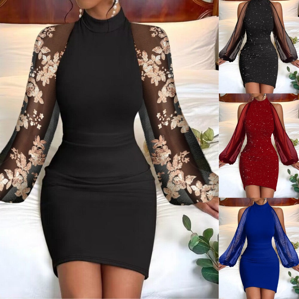 Autumn & Winter Lace Long Sleeve Hip-Waist Bodycon Dress – Elegant Round Neck Women's Fashion