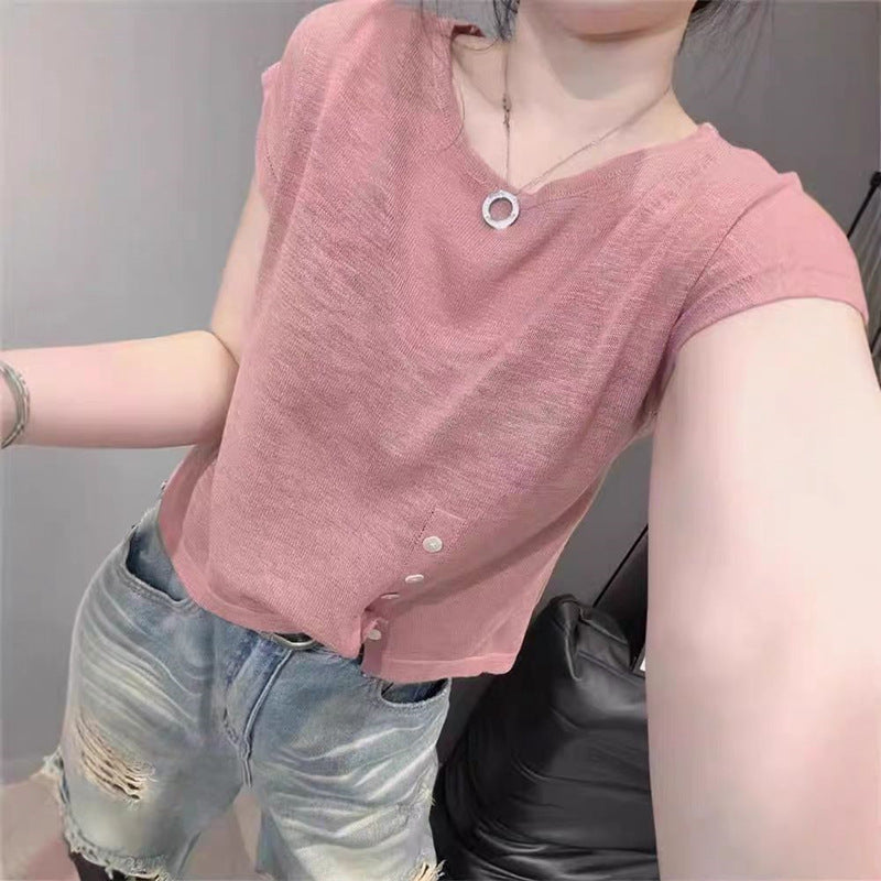 Summer Women's Knitted Short Sleeve Sweater - Loose Fit, Irregular Hem, Chic Round Neck Top