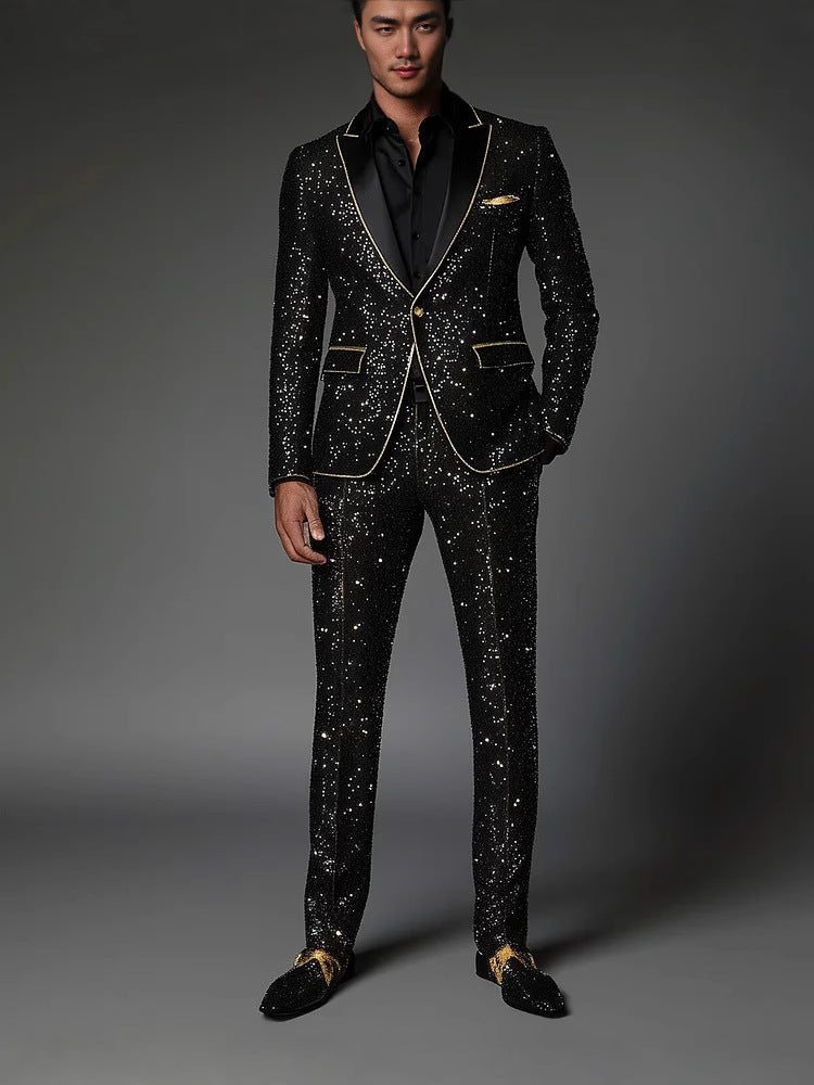 Contrasting Sequin Broken Star Effect Single Button Suit