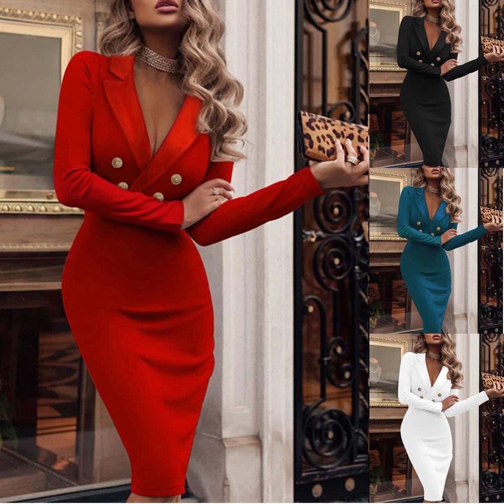 Autumn Winter Solid Color V-Neck Double-Breasted Suit Dress for Women – Elegant Slim Fit Hip-Length Blazer Dress