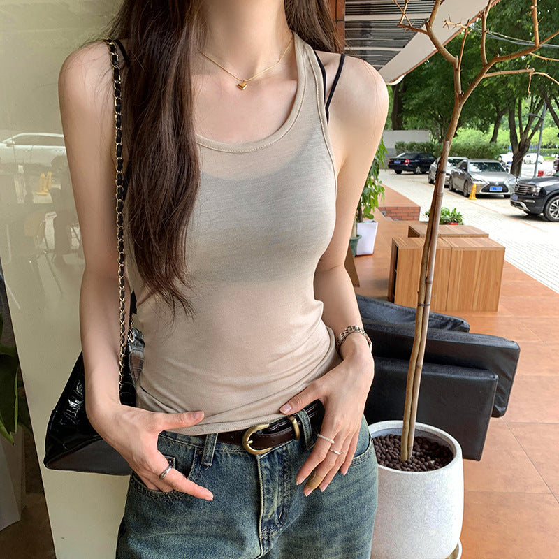 Women's Sheer U-Neck Sleeveless I-Shaped Camisole Vest - Pure Desire Aesthetic  RAC25ZB536WVAT