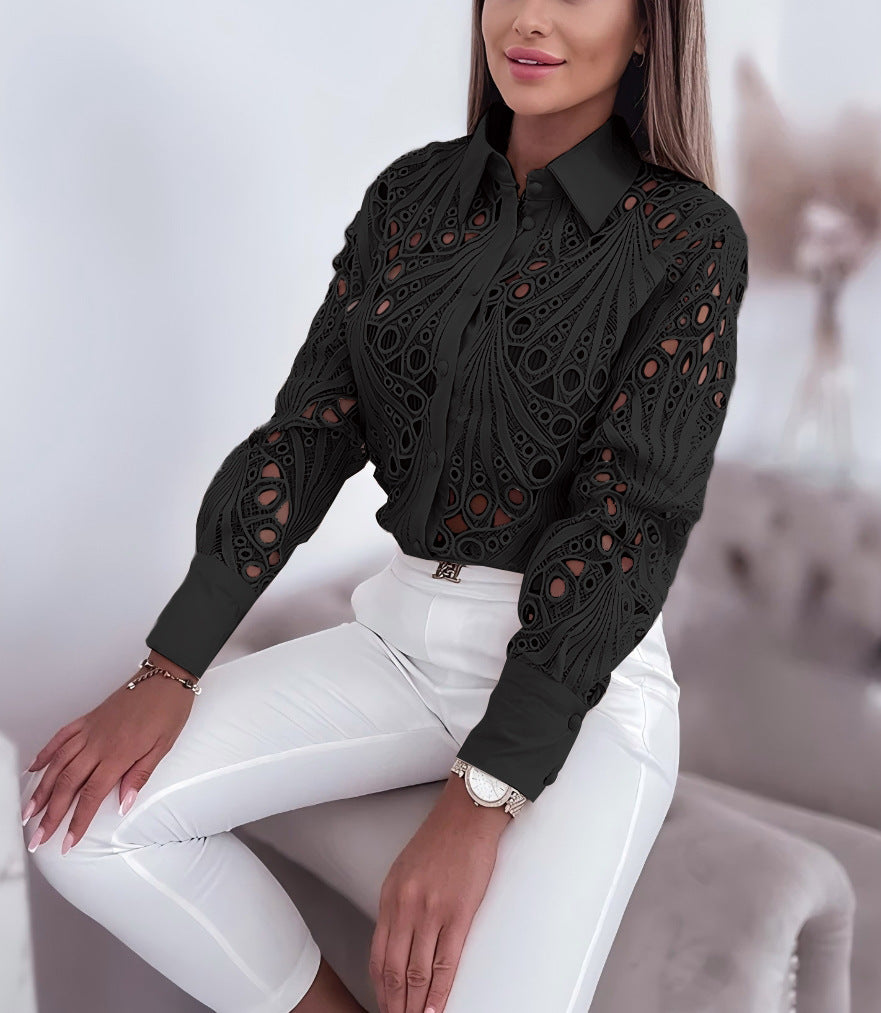 Women's Spring & Autumn Lace Hollow Long Sleeve Shirt - Elegant Commuter Style