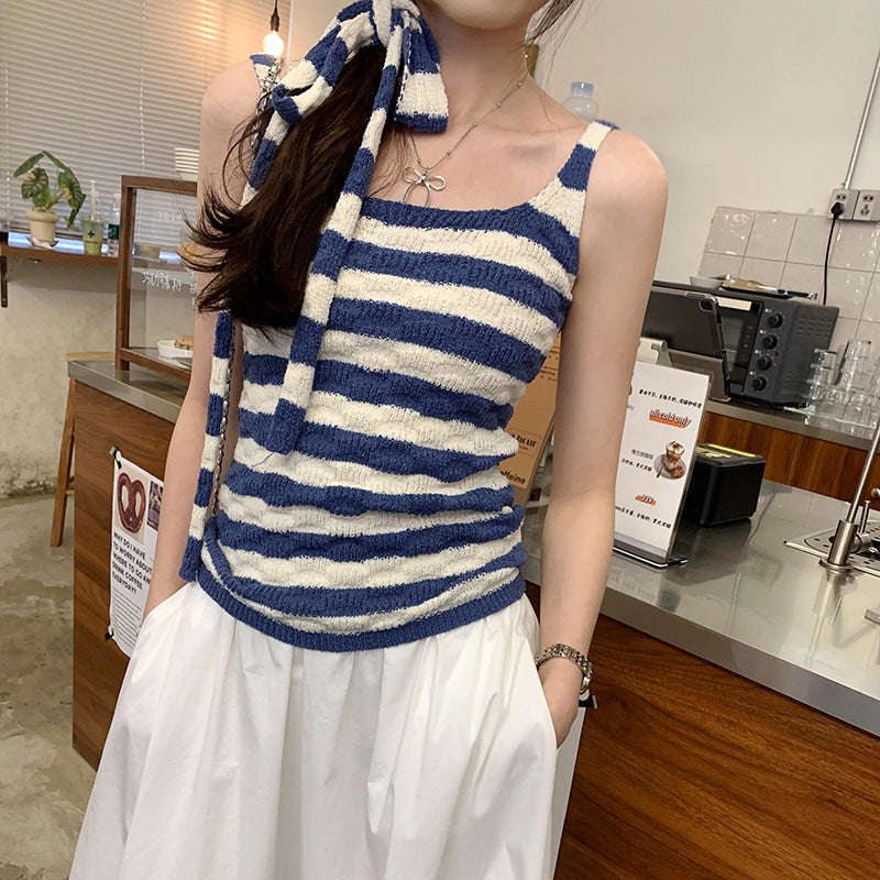 Women's Summer Striped Blue Knitted Vest - Niche Casual Sleeveless Top