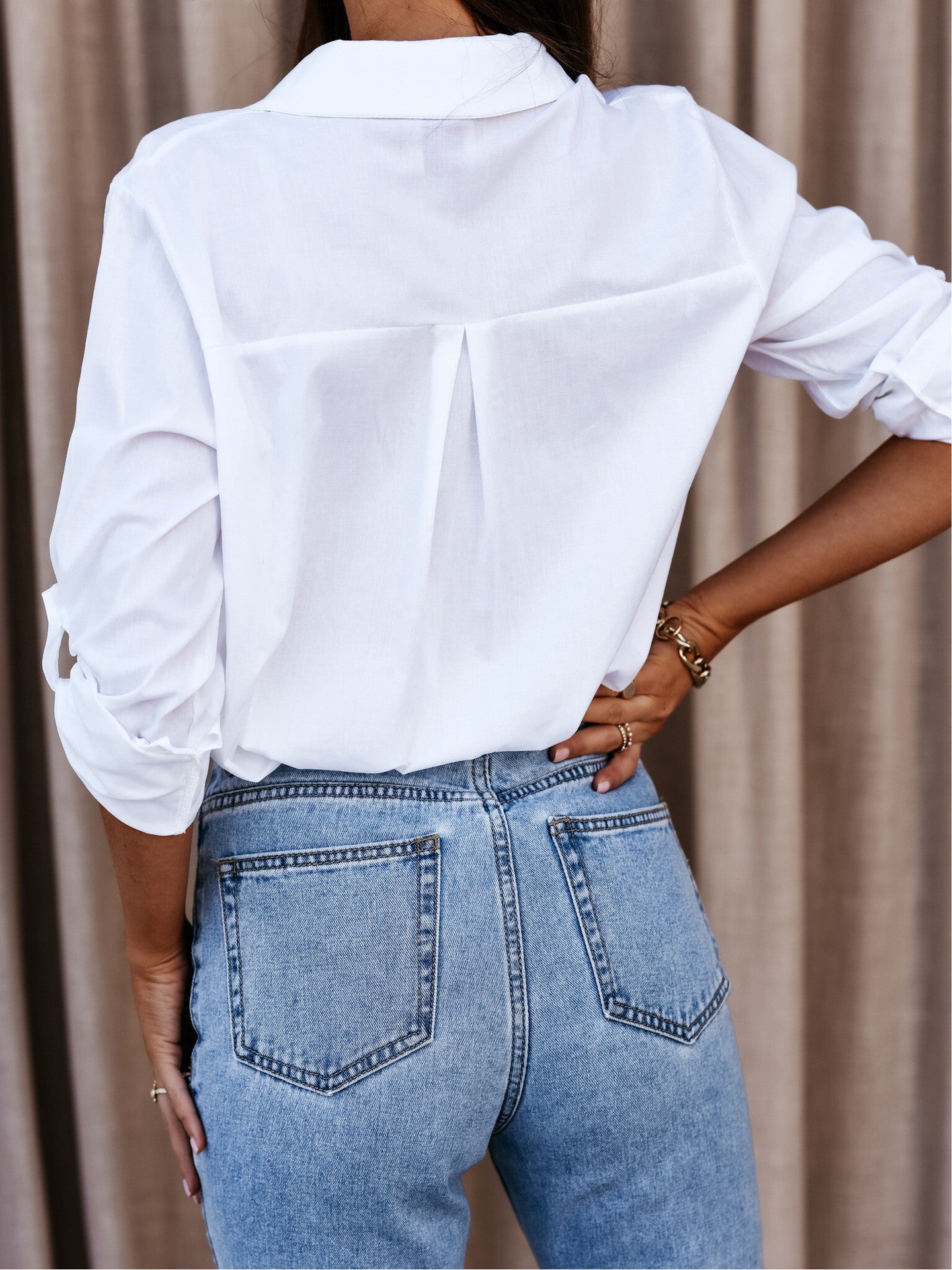 Women's Simple Long-Sleeved V-Neck Button-Down Shirt