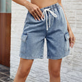 Women's Spring & Summer Lace Trim Elastic Waist Denim Shorts - Casual Five-Point Length