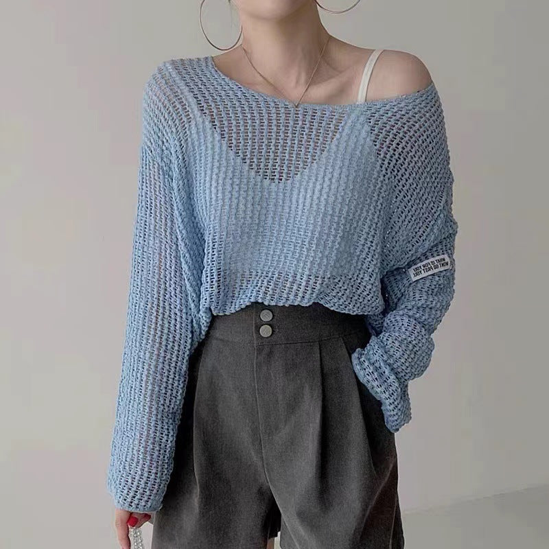 Summer Simple Round Neck Pullover - Loose Thin Hollow Perspective Sunscreen Knitted Sweater Blouse for Women