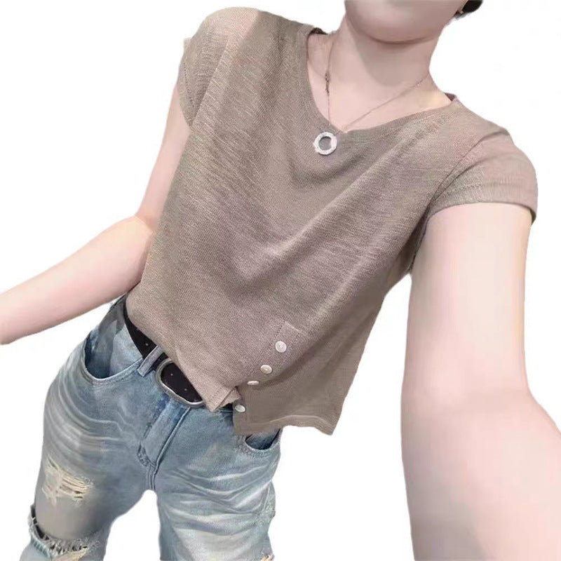 Summer Women's Knitted Short Sleeve Sweater - Loose Fit, Irregular Hem, Chic Round Neck Top