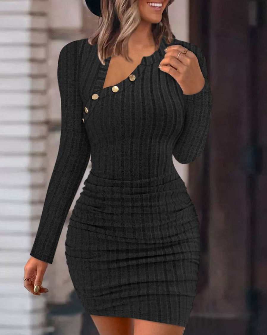 Women's Solid Color Off-Shoulder Oblique Collar Bodycon Dress – Slim Fit, Long Sleeve Evening Party Dress