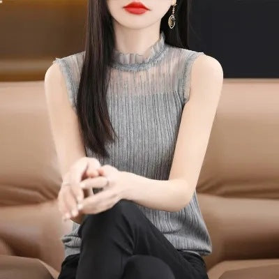 Fashion Lace Collar Vest for Women - Elegant Mesh Half-High Collar Bottoming Shirt | Sleeveless Lace Fake Collar Top