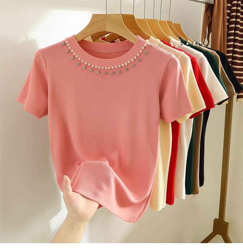 Women's Summer White Beaded Knit T-Shirt - Short Sleeve, Straight Shoulder, Short Top