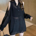 New Hepburn Style Hollow Design Off-Shoulder Multi-Button Sun-Proof Thin Long-Sleeved Shirt
