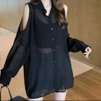 New Hepburn Style Hollow Design Off-Shoulder Multi-Button Sun-Proof Thin Long-Sleeved Shirt