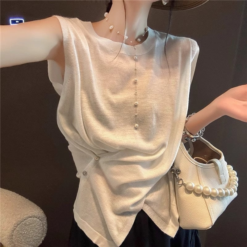 Summer 2025 Women's Light Knit Sleeveless Vest - Irregular Hem, Round Neck, Elegant Casual Style